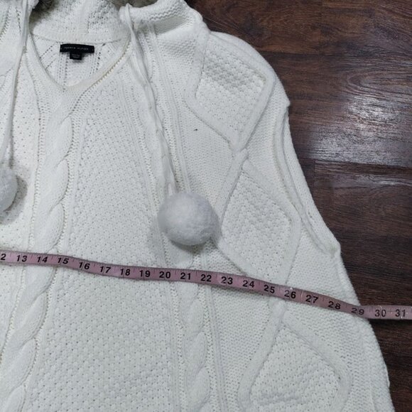 Tommy Hilfiger Cable Knit Poncho Sweater Faux Fur Trim Hooded Fringe Hem Onesize - Picture 15 of 16